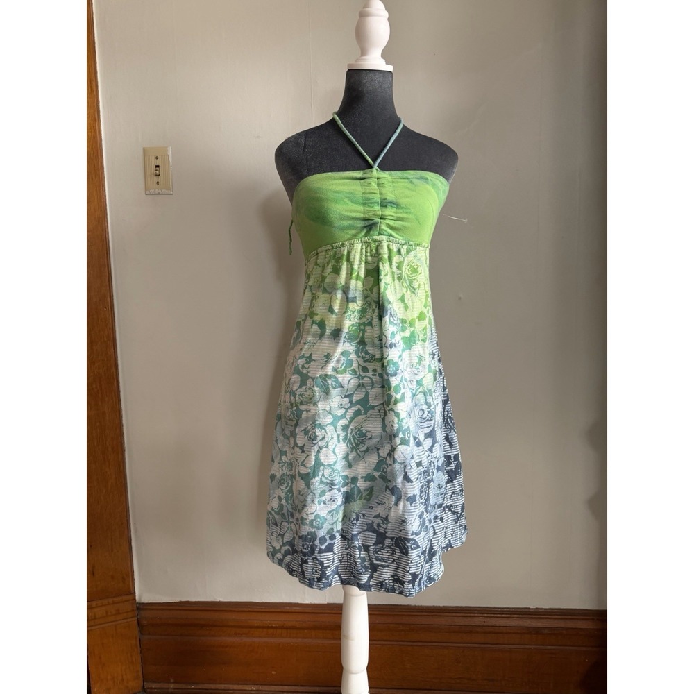 Vintage Y2K Tube Halter Short Festival‎ Dress. Tie Dye Hippie Boho Green Small